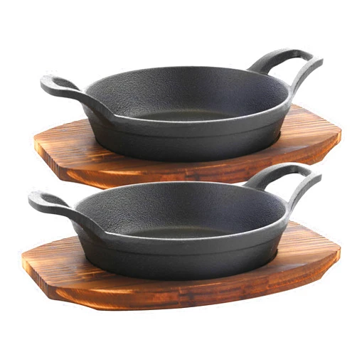 Bruntmor Mini Cast Iron Sizzler Plates Skillet Set Of 4. Round Fajita Plate With Wooden Base/Pan Tray Serving Sizzling Dish And Fajitas, Hot Steak Skillet Dish Without Sinking (2 Sets)