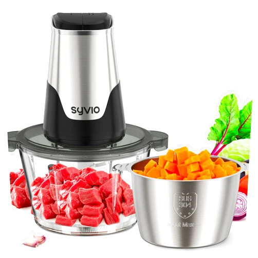 Syvio Food Processors with 2 Bowls, Meat Grinder 4 Bi-Level Blades, Mini Electric Food Chopper 450W, for Baby Food, Meat, Onion, Vegetables, 2 Speed, 8 Cup and 8 Cup