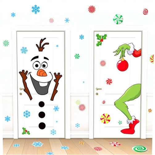ROCWOHO Christmas Door Stickers Decorations Large Size Christmas Snowman Door Stickers Decals with Snowflakes Candy Christmas Indoor Outdoor Decorations for Winter Door Window Refrigerator