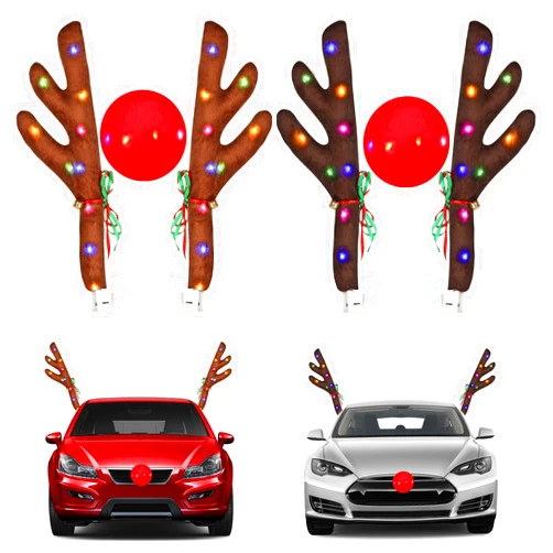 Ovsor 2 Sets Christmas Reindeer Car Kit - Car Antlers & Nose for Car Decorations, Sturdy Rudolph Reindeer with LED, Jingle Bells, Car Reindeer Kits for Any Vehicle Decorations (Brown, Black-Brown)
