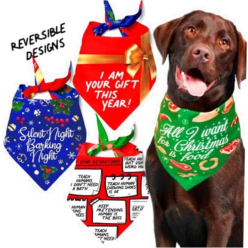 INSPECTOR TAIL Christmas Dog Bandanas –2 Soft & Reversible Dog Christmas Scarf w 4 Festive Patterns | Xmas Dog Bandana for Small Medium & Large Pet | Cotton Holiday Dog Bandanas Pack for Boys & Girls