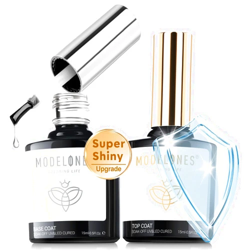modelones 2024 Upgrade Super Shiny Gel Top Coat, 15 ml No Wipe Clear Glossy Gel Base and Top Coat Set, Soak Off Nail Lamp Acid Free Base Top Gel Nail Polish Starter Kit