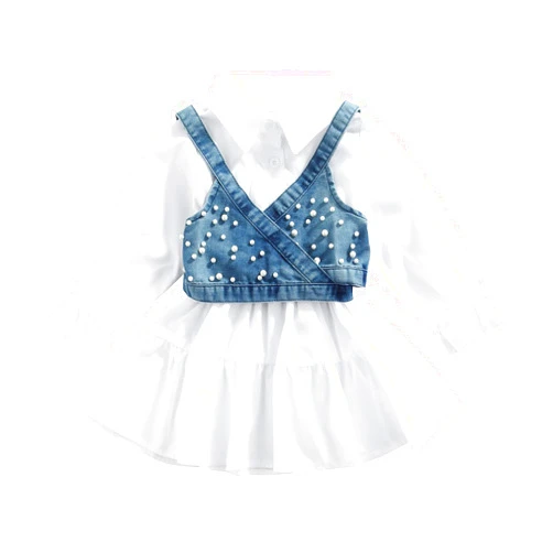 LXXIASHI 2PCS Baby Girl Strap Pearl Denim Crop Tops Beading Back Bandage Vest + Lapel Button Shirt Dress Set