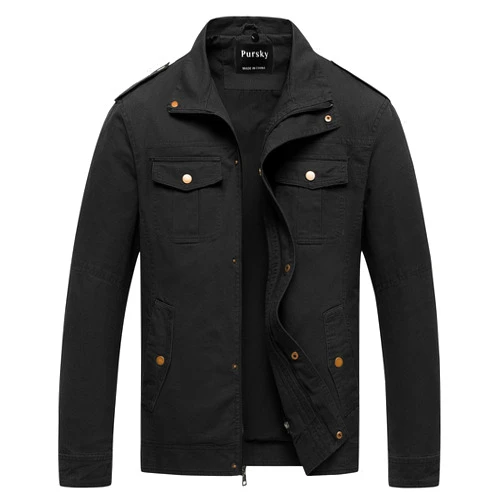 Pursky Men's Military Jacket Casual Washed Cotton Hooded Canvas Coat Fall Coat