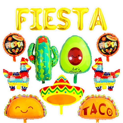 ITHKIRHO Mexican Party Decorations Fiesta Balloon - 14pcs Fiesta Party Decorations Include Cactus Avocado Sombrero Pinata Burritos Foil Balloons For Mexican Party Taco Party