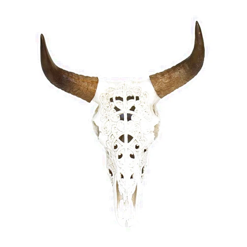 OTARTU White Tribal Design Carved Steer Skull Wall Hanging Sculpture, Cow Horn Skull 19 Inch Steer Head Bull Horn Wall Décor (White)