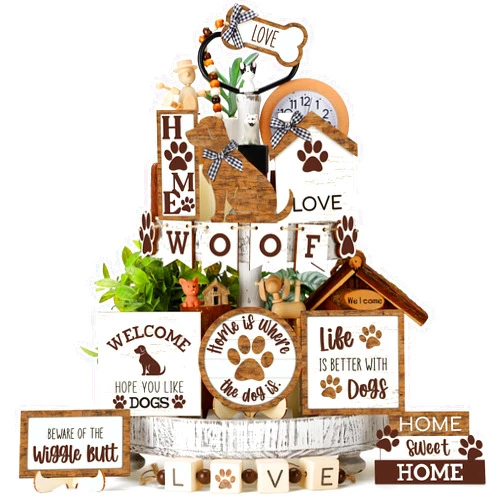 Mifoci 16 Pcs Dog Tiered Tray Decor Cute Dog Signs Home Decor Wooden Woof Decorative Trays Farmhouse Vintage Sweet Home Wooden Sign for Winter Kitchen Coffee Bar Decoration