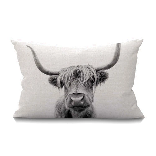 Smooffly Cow Decorative Pillow Cover Farmhouse Portrait of a Highland Cow Cattle Ox Horn Hairy Grey White Cotton Linen Decorations Cushion Case for Sofa Couch Cotton Linen 12x20 Inches