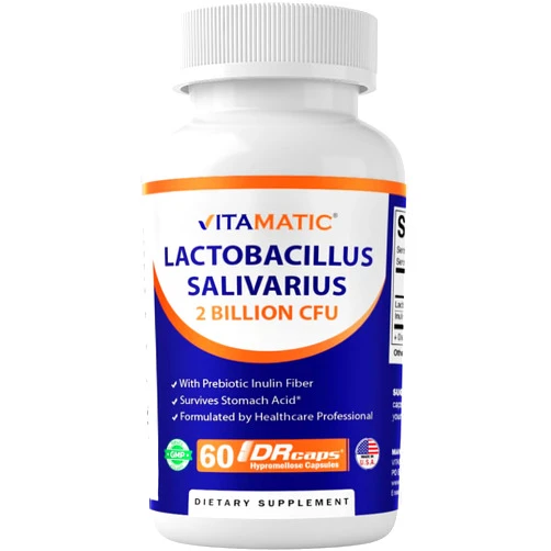 Vitamatic Lactobacillus Salivarius 2 Billion per DR Capsule - 60 Count - Digestive Support - Made with Prebiotic Inulin Fiber (1 Bottle)