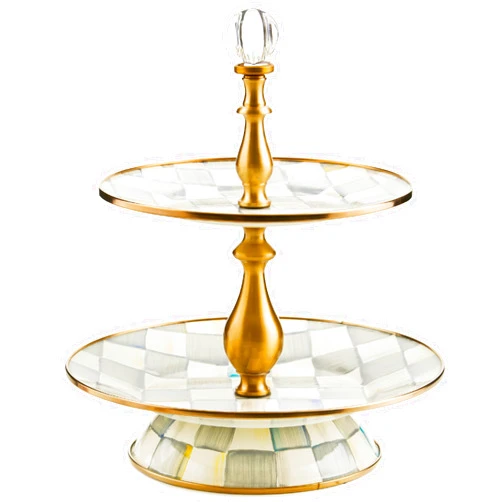 MACKENZIE-CHILDS Enamel Two-Tier Sweet Stand, Two-Tiered Serving Tray for Dessert, Gray-and-White Sterling Check