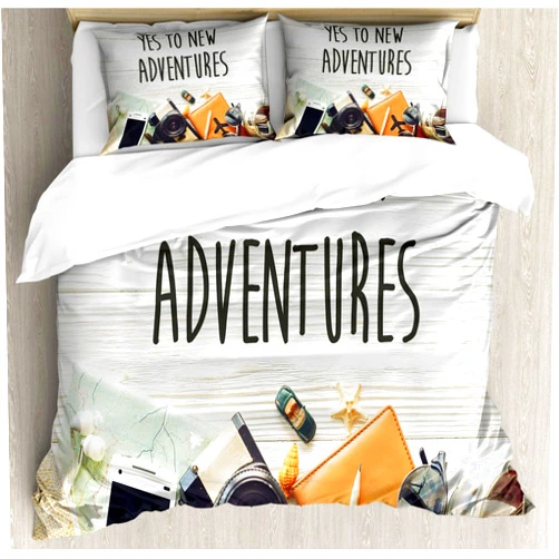 Ambesonne Adventure Duvet Cover Set, Say Yes to New Adventures Text Travel Preparations Theme Wanderlust Concept Retro, Decorative 3 Piece Bedding Set with 2 Pillow Shams, King Size, Cream Black
