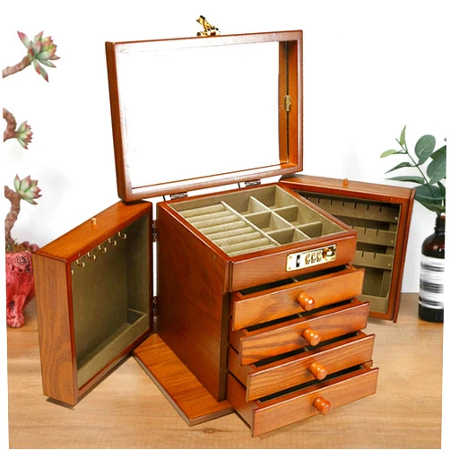 VPABES Jewelry Box with Password Lock, 5-Layer Large Organizer Box with Mirror and 4 Drawers, Soft Velvet Lining, for Rings Earrings Necklaces Wooden Storage Box with Exquisite Carvings （Brown