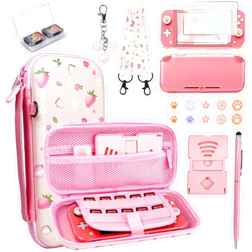 FIWWAT Switch Lite Case Carrying Case- 19 in 1 for Nintendo Switch Accessories Bundle with Switch Thumb Grips, Clear Protective, Screen Protector Cover, Cute Pendant, Stand, Stylus, for Girls, Pink