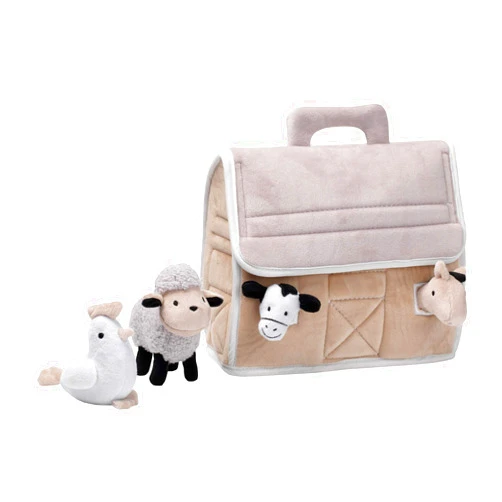 Lambs & Ivy Baby Farm Plush Barn with 4 Stuffed Animals Toy - Taupe/Gray/White