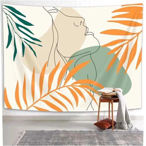 Coveimes Line Aesthetic Tapestry, Abstract Boho Tapestry Wall Hanging, Mid Century Minimalism Plants Leaves Woman Face Tapestries Sage Green Beige Orange Wall Art Rerto 70s Tapestry for Bedroom Drom