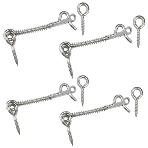 BOKWORE 4 PCS Stainless Steel Spring Hook and Eye Safety Latch 3-Inch Safety Hook and Eye Latch for Home Camping or Farm Gate Door Hook Eye Type Wire Lock (3 Inch), Silver, BK-3IN-SS3