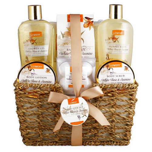 LOVERY Valentines Home Spa Gift Basket - White Rose & Jasmine - Luxurious 11pc Bath & Body Set For Men & Women, Contains Shower Gel, Bubble Bath, Body Lotion, Scrub, Bath Salt, 4 Bath Bombs, Loofah & Basket