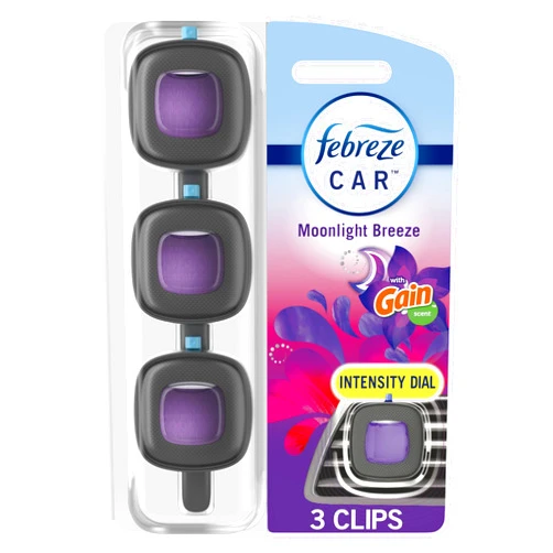 Febreze Car Air Freshener Vent Clip Gain Moonlight Breeze Scent, .07 oz. Car Vent Clip, Pack of 3 and Stay-Fresh Storage Case