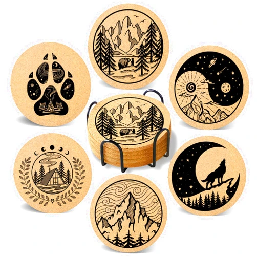 Cegkuc Coasters for Drinks with Holder Set of 6, Absorbent Cork Wood Mountain Coaster for Cup Desk Office Table Kitchen Decor House Warming Gifts for New Home Couples, Round 4