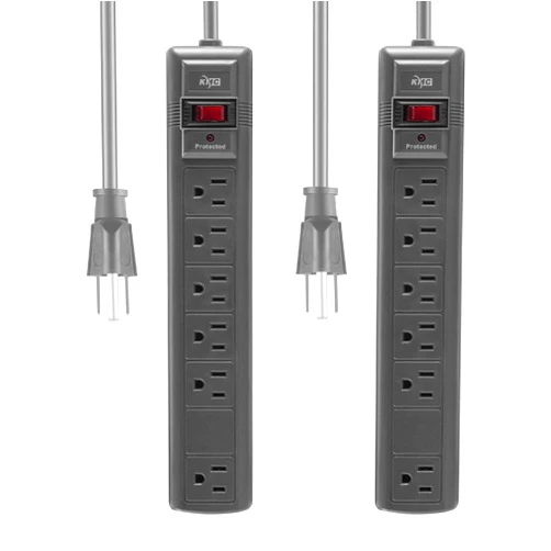 KMC 6-Outlet Surge Protector Power Strip, 2-Pack, 1200 Joules, 6ft Cord, Adapter Spaced Outlet, Overload Protection, Gray