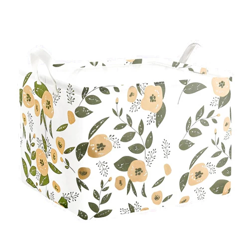 Mziart Cute Storage Basket with Handles, Waterproof Nursery Toy Basket for Baby Kids Room Decor, Collapsible Rectangle Canvas Storage Bin for Books, Clothes, Gifts (Green Flowers)