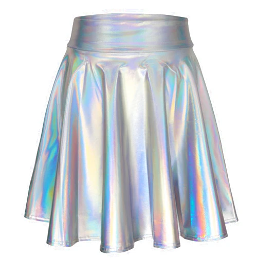 LEACOOLKEY Women's Fashion Flared Pleated A-line Skater Skirt Shiny Stretchy Skirt for Casual/Music Festival/Halloween
