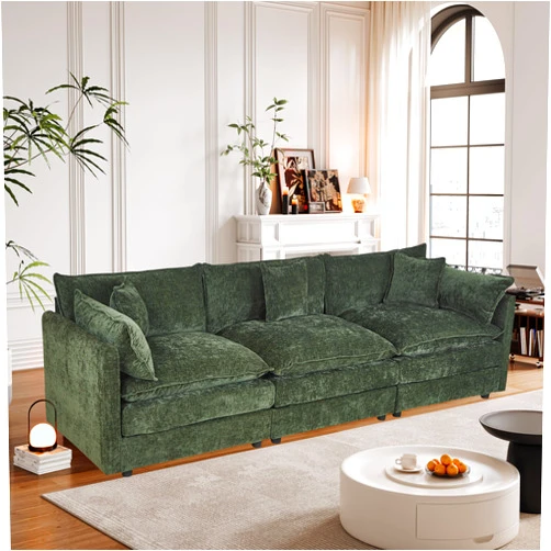 Aoowow Modular Sectional Sofa Modern Convertible Loveseat Couch,112.2 Inch Deep 3-Seater Sofas Comfy Chenille Cloud Sofas and Couches with Pillows for Living Room Apartment（Green）