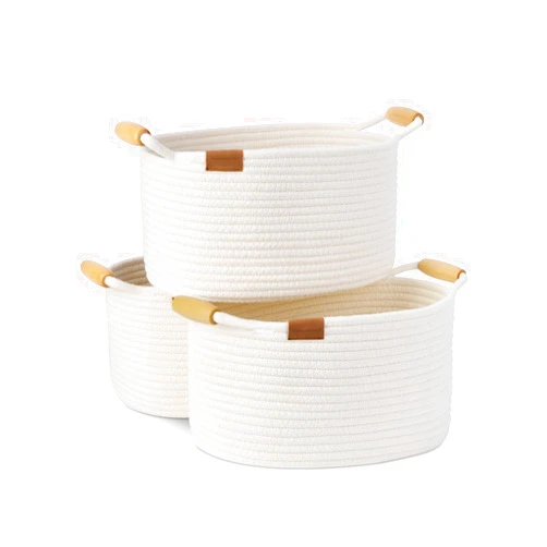 StorageWorks 13 Inch Rope Basket for Organizing, Cute Small Woven Storage Baskets with Wooden Handles, Decorative Woven Basket for Nursery, Living Room, Bedroom, White, 3-Pack