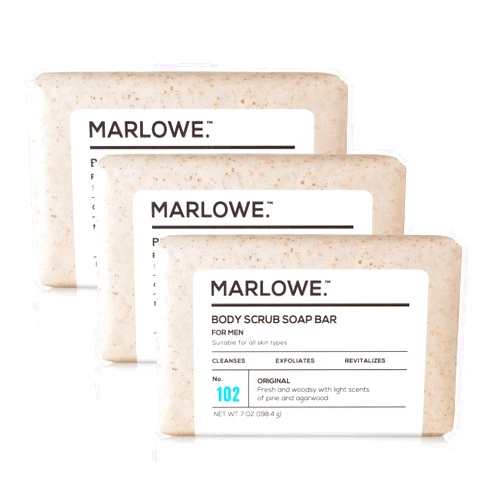 MARLOWE. No. 102 Men's Body Scrub Soap 7 oz (3 Bars) Fresh Original Woodsy Scent, Exfoliating Bar for Men with Natural Ingredients, Apricot Seed Powder, Shea Butter, Olive Oil, Green Tea Extracts