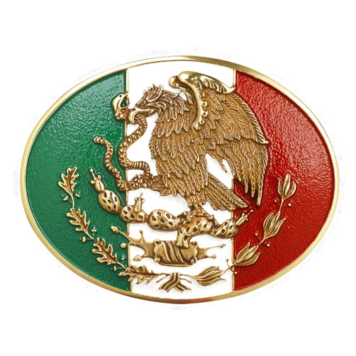 ARIAT Antique Gold Oval Buckle with Mexican Flag Colors and Gold Eagle Motif, Smooth Edge, 3-3/4