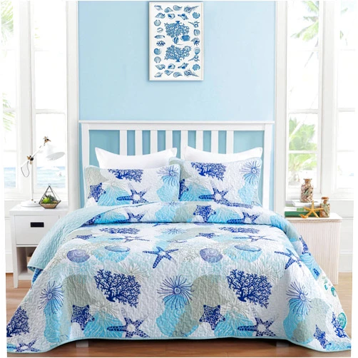 Dinjoy Coastal Quilt Set Twin Size, Blue Ocean Beach Themed Bedding Set Coral Seashell Conch Starfish Pattern Microfiber Lightweight Summer Bedspread Coverlet Bed Set All Season(68x86 Inch)