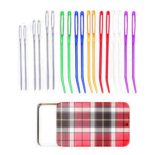 UOOU 12 Pieces Yarn Needle, Tapestry Needle Bent Embroidery Needles Bent Tip Needles, and 6 Pieces Large-Eye Blunt Needles with Iron Box for Knitting Crochet (Random Color)