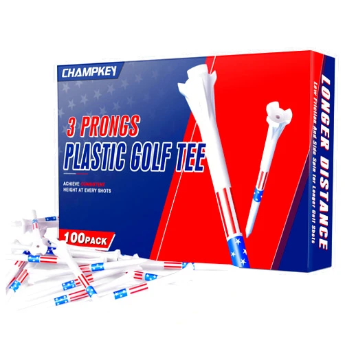 CHAMPKEY 3 Prongs Plastic Golf Tees 100 Pack Star and Stripe Version - Low Friction and Resistance Golf Plastic Tees
