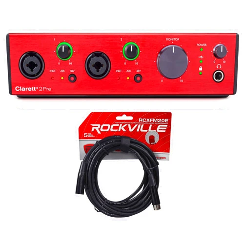 Audiosavings bundle: (1) Focusrite Clarett+ 2Pre USB-C Audio Recording Interface, 2 Mic Preamps/JFET/ADAT Bundle With (1) Rockville RCXFM20E-B 20 Foot Female to Male XLR Mic Cable (2 items)
