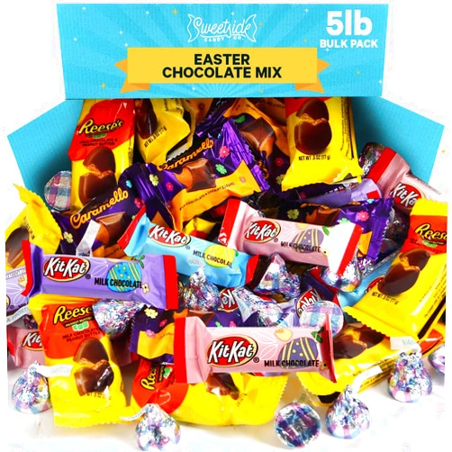 SWEETSIDE CANDY CO. Easter Candy Chocolate Mix Bulk Assortment for Kids, Easter Basket Stuffers, Party Favors - Individually Wrapped ReesesPeanut Butter Egg, Cadbury Caramel, and Kit Kat Chocolate & Hersheys Kisses, 5lb