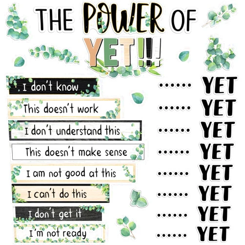Justforjoyful The Power of Yet Classroom Bulletin Board Decoration Greenery Motivational Growth Mindset Cutouts Eucalyptus Inspirational Wall Decor for Elementary Middle School Teacher Supplies