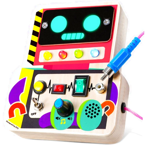 CozyBomB™ Sensory Busy Board Toddler Toys - Montessori Wooden Robot Button with Wires Sounds Travel Early Age Educational Puzzles Gift Toys LED Light for Boys and Girls from Ages 3 4 5 6 Years Old
