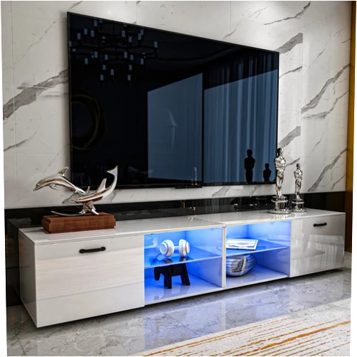 DMAITH LED TV Stand for 70 75 Inch TVs, High Gloss Entertainment Center with Blue LED Lighting, Dual Cabinets & 4 Open Shelves, Soft Close Hinged Doors with Handles for Living Room & Bedroom, White