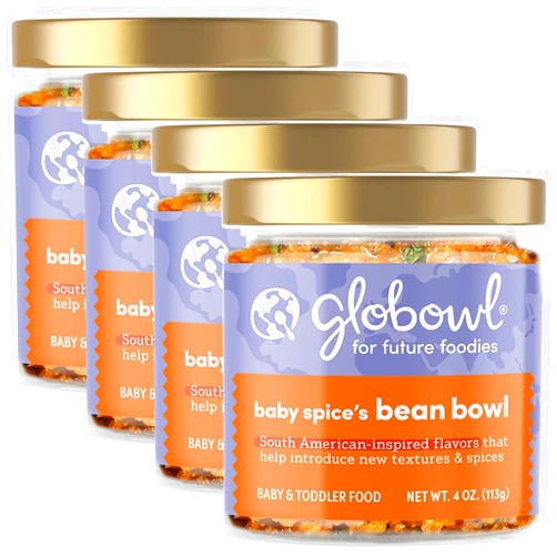 Globowl Stage 3 Baby Food & Toddler Meals, 6+ Months Early Allergen Introduction, Baby Led Weaning, International Whole Food Snacks for Toddlers, Babies, 4oz Glass Jar, Baby Spice's Bean Bowl, 4-Pack