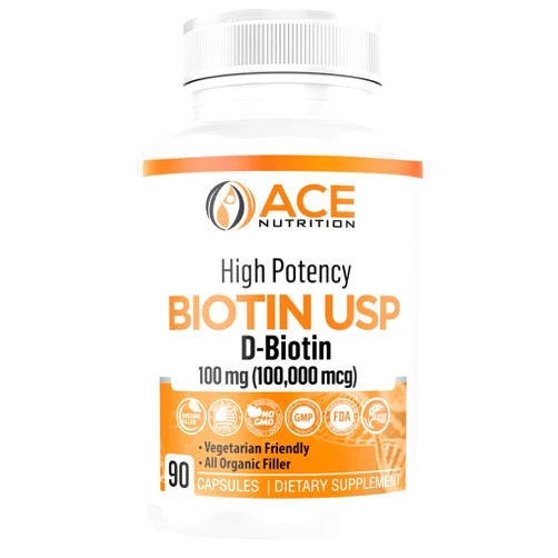 ACE NUTRITION High Potency Biotin USP (D-Biotin 100,000mcg) - Superior Biotin, Organic Rice Flour, Vegetarian Capsules For Hair, Skin, & Myelin Health, Made in the USA (100mg/90 Capsules)