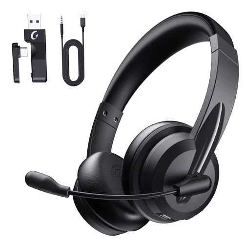 Masajoy Wireless Headset with Mic for Work with AI Noise Cancelling Mic for Clear Calls, Bluetooth V5.3 Headphones with Microphone to USB A/C Dongle & Mic Mute for Computer Laptop PC iPhone (Black)