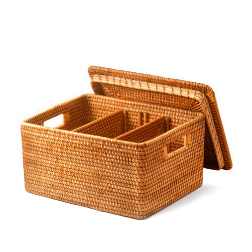 GAIAMADE Handwoven Rattan Basket With Lid, Natural Wicker Storage Basket with Detachable Divider for Organizing, Large Wicker Basket With Lid for Storage and Decoration