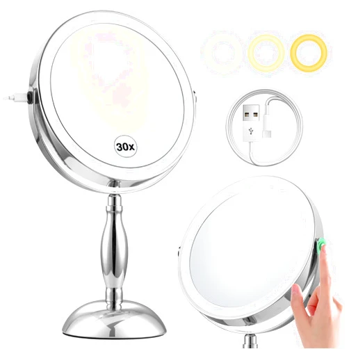 DASLAVA 30x Magnifying Mirror, Lighted Makeup Mirror with 3 Colors Modes & Adjustable Brightness, 360° Rotation Double Side, Large Magnifying Vanity Mirror, Gifts for Women