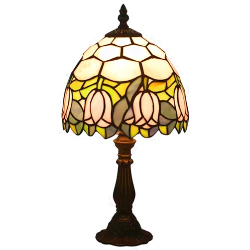 Tuomoxte Tiffany Style Table Lamp, Pink Tulip Stained Glass Lamp, 8 Inch Small Antique Lamp, for Bedside Nightstand Bedroom Living Room Home Office, Include LED Bulb