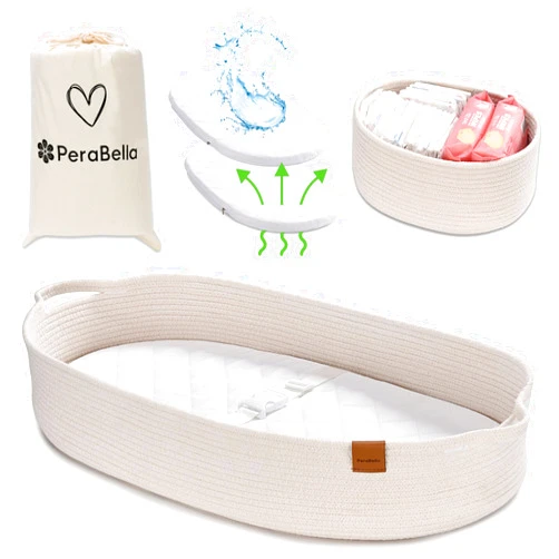 PeraBella Baby Changing Basket for Baby Dresser, Moses Basket for Babies, Cotton Rope Diaper Changing Basket, Unisex Baby Moses Basket, Foam Diaper Changing Pad for Dresser, Changing Table Topper for Dresser