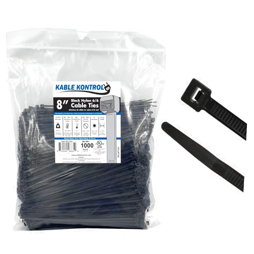 Kable Kontrol Cable Zip Ties 1000 Pcs 8 Inch Black, 40 Lbs Tensile Strength, Self-locking UV Resistant Plastic Nylon Wire Ties, for Indoor or Outdoor Use