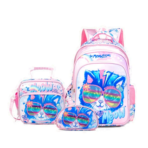 Robhomily Girls Backpack with Lunch Box for Elementary School Preschool Kindergarten,16 Inch Cute Cat Kids Backpack with Lunch Bags Sets for Girls,Pink School Backpack