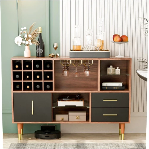 IKIFLY Accent Buffet Sideboard with Storage, Wood Cabinet Server Cupboard with 12 Wine Bottle Rack, Stemware Holder and Drawers, Console Table for Kitchen Living Room, 47 Inch - Walnut/Black