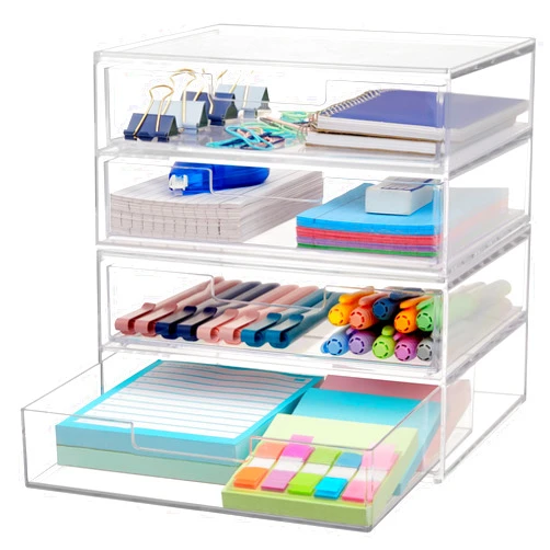 STORi Chloe Space-Saving Clear Drawer Organizer (4 Wide Drawers) Sort Office, Kitchen, Beauty Supplies, Makeup, Pens, Jewelry, Stationary, Made in USA