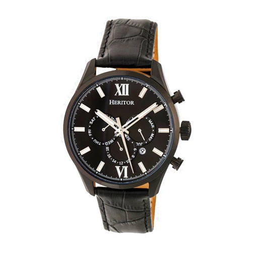 Heritor Automatic Benedict Leather-Band Watch w/Day/Date - Black